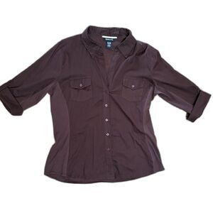 90s Vintage Brown Sheer Ribbed Fitted Button Up Shirt size XL